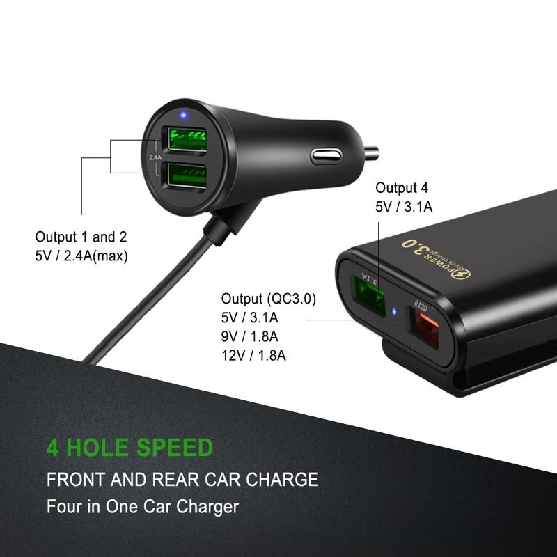 Bluejw Quick Charge 3.0 Car Charger, 4 USB Ports - Front & Back Seat Automobile Charging Adapter - Cigarette Lighter Vehicle Charger - Image 3